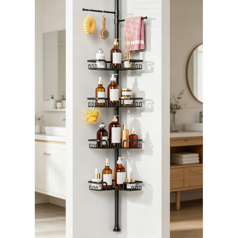Serviteur de douche à barre de tension avec porte-serviettes et crochets, organisateur de douche de plancher à plafond réglable de 25 à 114 pouces, tablettes de coin à 4 niveaux pour le rangement et la suspension, noir mat