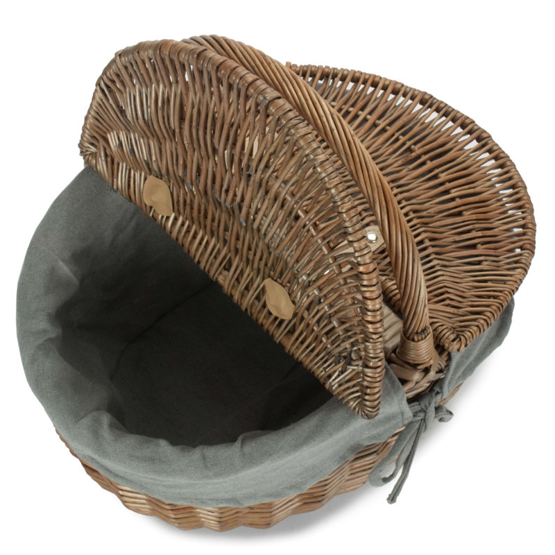 Small Wicker Picnic Basket with Lining, 19cm H x 35cm W x 42cm D, Antique Wash/Grey Lining