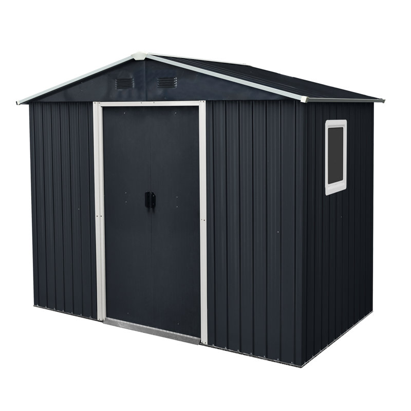 Outdoor Metal Storage Shed 8Ft By 4Ft - Black And White, With Galvanized Panels, Tilted Roof To Rust Damage, Lockable Door, Air Vents, Comes Foundation, Anchors, Hooks, Shelf, Lock, Gloves X Unit