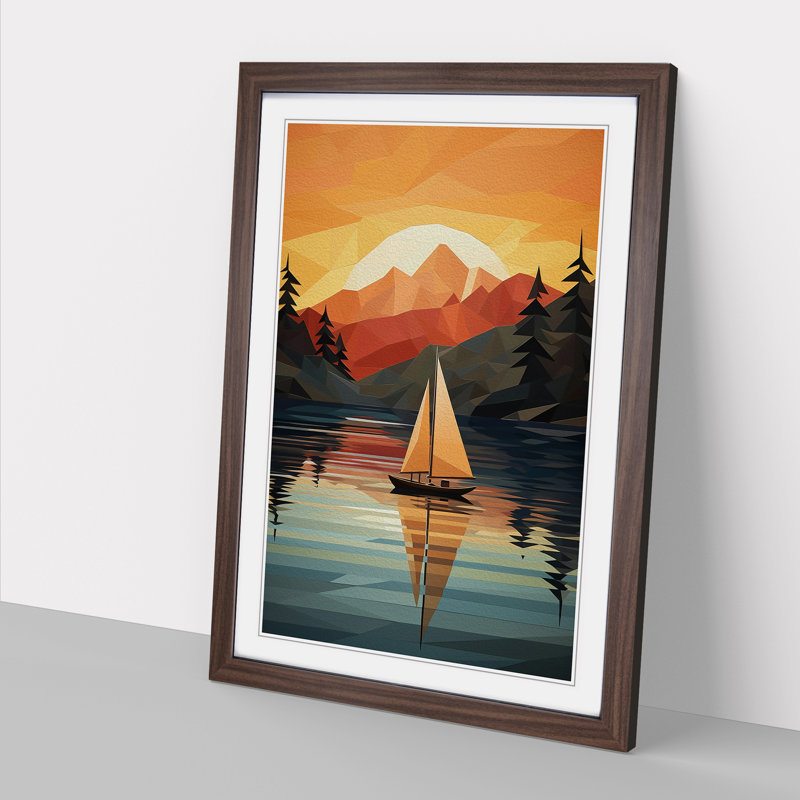 Boat on a Lake Geometric Art - Framed Print, 64cm H x 46cm W x 2cm D, Walnut