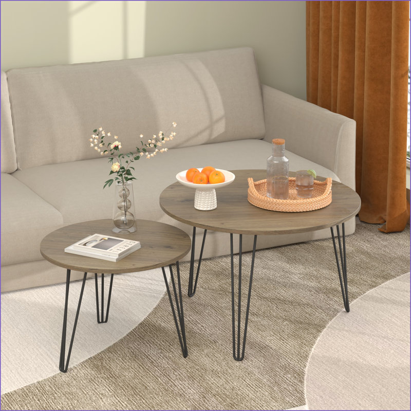 Ensemble de 2 tables basses gigognes ronds peu encombrantes, plateau en MDF brun Cadre en métal pour petits espaces, Brun