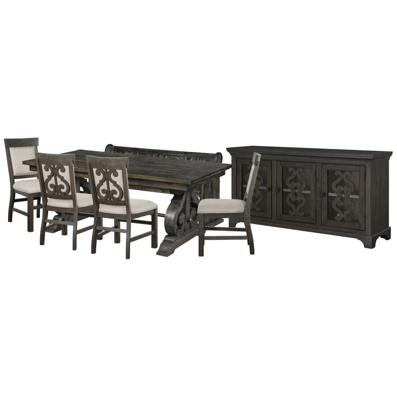 Extendable Rectangular Dining Table With 4 Upholstered Side Chairs Bench And Server, 7 Pieces: Table, Bench, Server, 4 Chairs