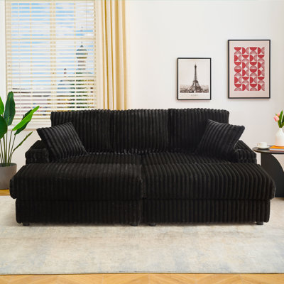 Vega 84"W Luxury Corduroy Chaise Lounge, 3 Seater, Armrest Storage Compartment
