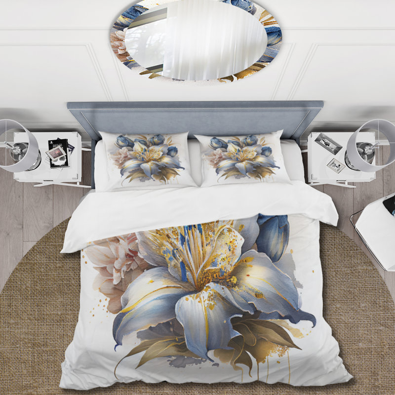 Ensemble de housse de couette Gosciminski Gold and Blue Lily Bouquet III - Floral Lily