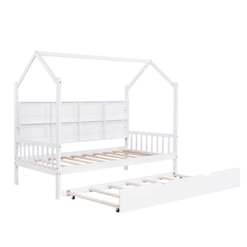 Lit simple blanc en bois pour enfants avec lit gigogne et tablette, Lit simple