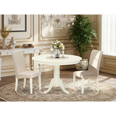 L'ensemble de meubles de salle à manger 3 pièces comprend une table de salle à manger ronde avec piédestal et 2 chaises Parsons en lin crème, blanc lin 42 po x 42 po
