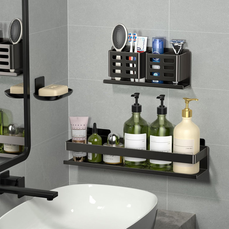 Ensemble de tablettes de rangement de douche en aluminium, organisateur mural avec brosse à dents et porte-savon