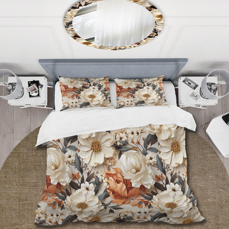 Boho Earthy Blooms Poppies Bloom Floral Duvet Cover, King Duvet Cover + 2 King Shams