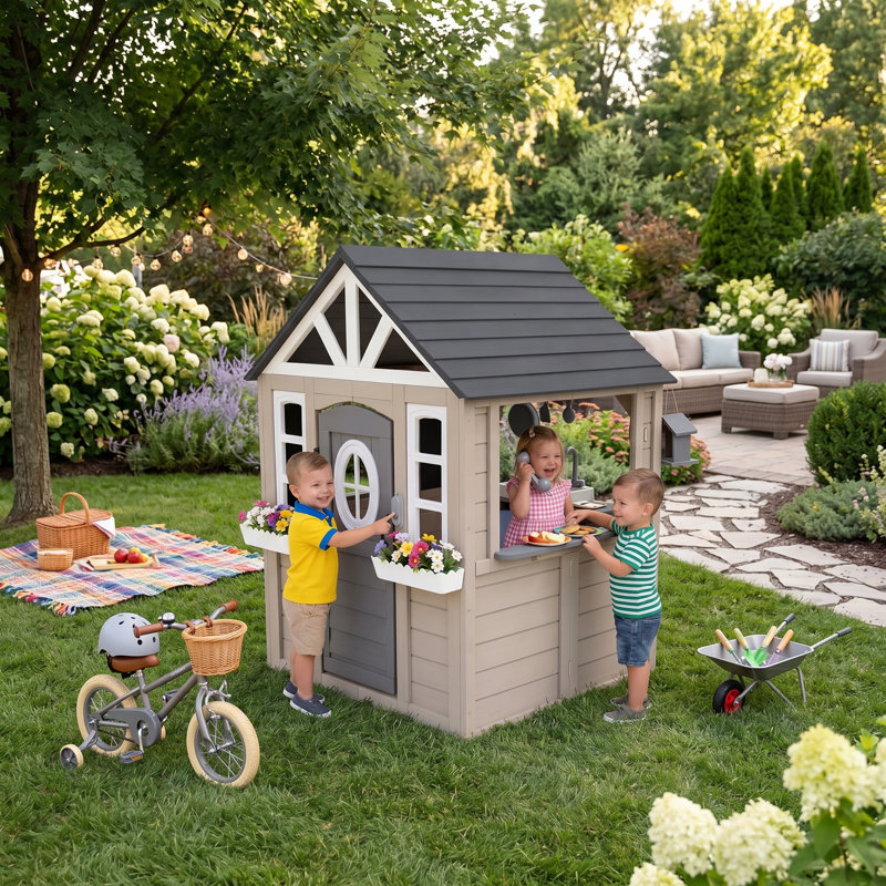 Kids Outdoor Wooden Playhouse with Play Kitchen, Working Doorbell & Bird Cage, Gray/Beige