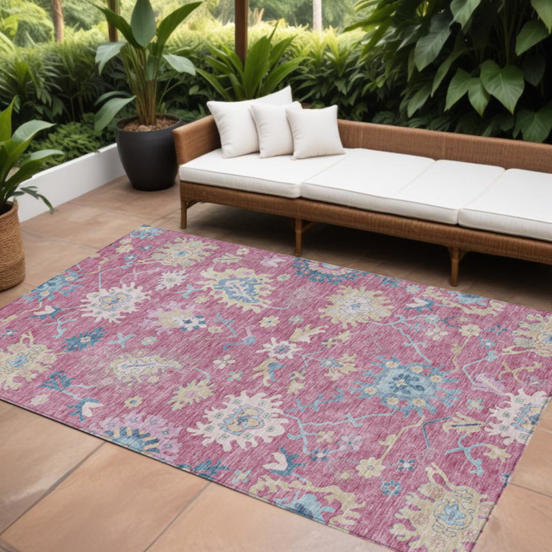 Tapis intérieur lavable floral ivoire et bleu denim 9 pi x 12 pi