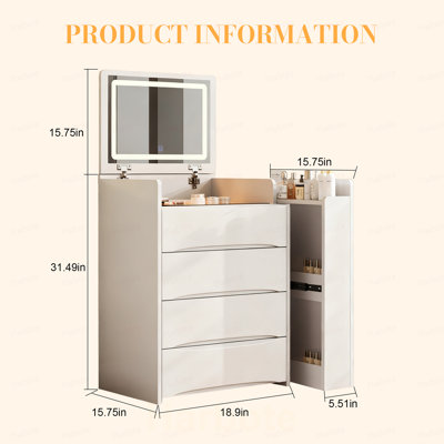 Bureau de coiffeuse à miroir 3-en-1 avec lumières et rangement, coiffeuse à maquillage avec DEL réglable, plateau coulissant latéral et tabouret, meuble peu encombrant pour la chambre à coucher