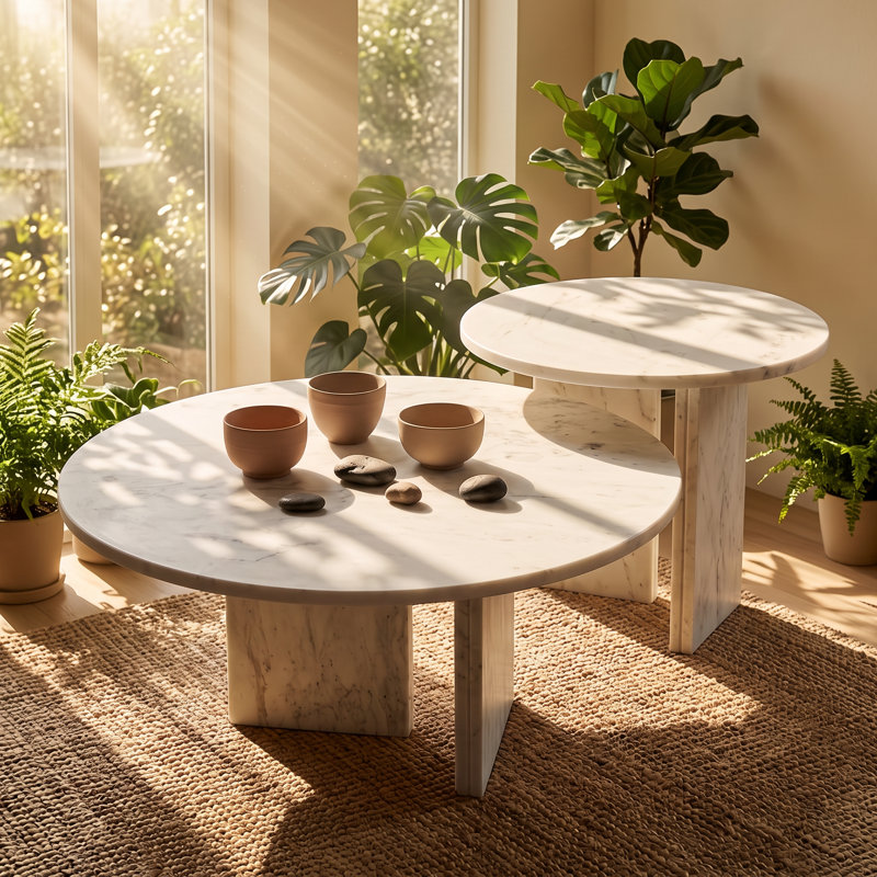 Ensemble de 2 tables gigognes en marbre véritable l 27,6 po x P 27,6 po x H 12,6 po Snow Mountain