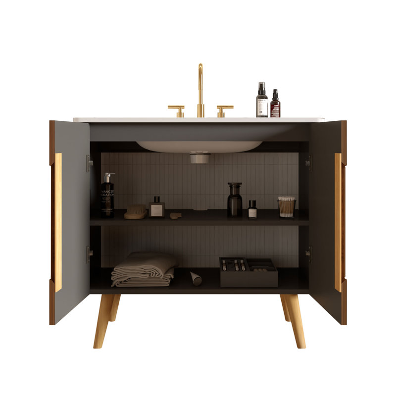 Motohisa Striped Walnut Single Bathroom Vanity with Ceramic Top, Modern Wood Vanity with 2-Door Storage for Master Bathroom, Apartment & Hotel Style