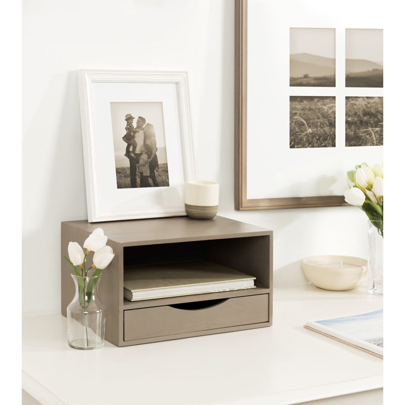 Adeana Poplar Solid Wood Floating Shelf with Drawer, Gray