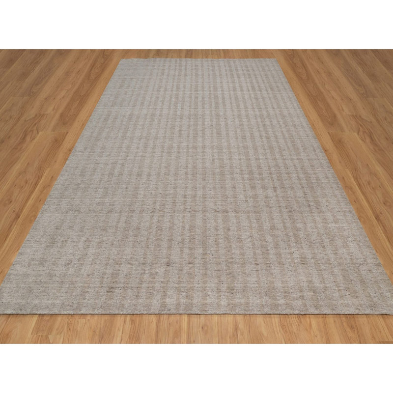Tapis oriental brun clair 9 pi x 12 pi à rayures verticales avec effet sel et poivre, tissé à la main, laine naturelle
