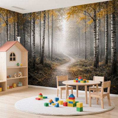 Peel and Stick Wallpaper 144" L x 100" W Modern Self Adhesive Wall Mural for Bedroom - With Birch Forest Path Golden Autumn Leaves Minimalist Print