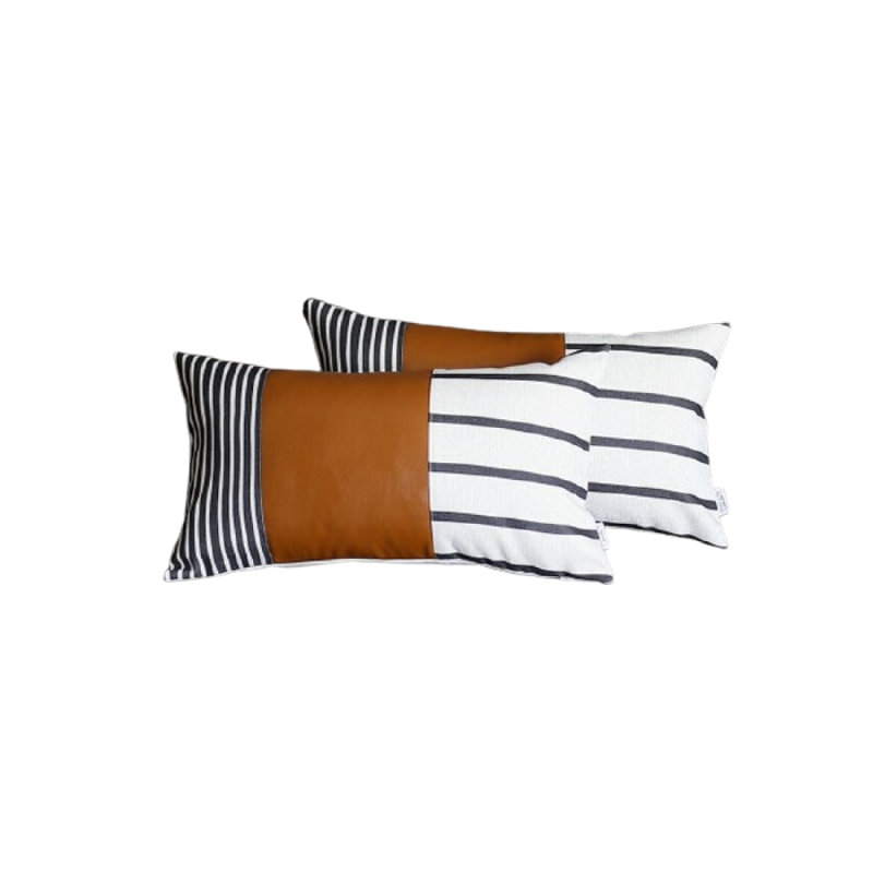 Set Of 2 Striped And Bright Brown Faux Leather Lumbar Pillow Covers Set Of 2 Striped And Bright Brown Faux Leather Lumbar Pillow Covers