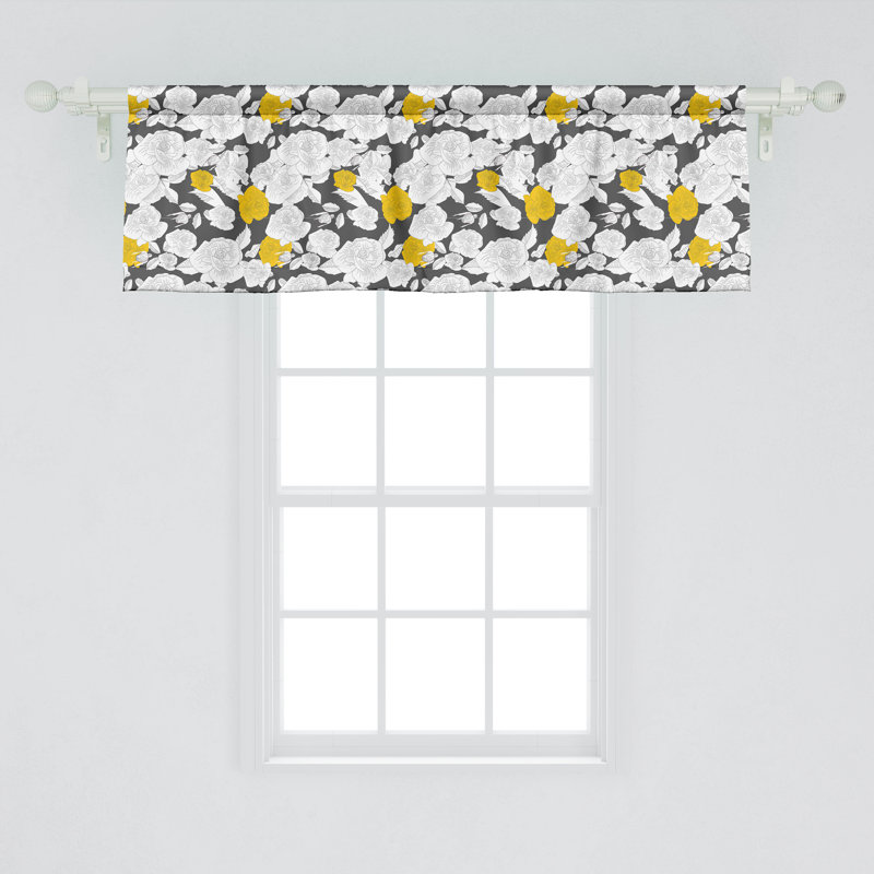 Ambesonne Rose Valance Pack of 2 Hand Drawn Blossoms Charcoal Grey Yellow, 54" W x 12" L