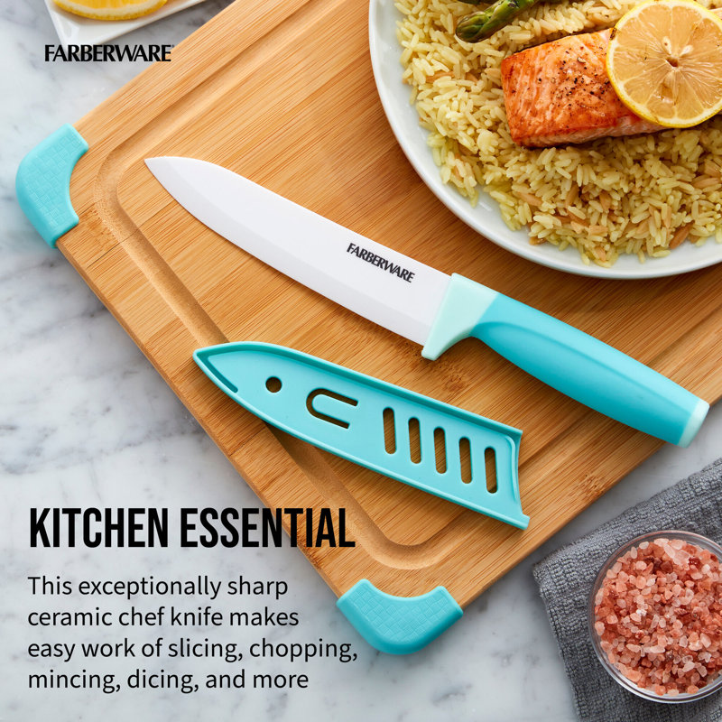 Farberware 5-Inch Ceramic Utility Knife with Blade Cover, Aqua