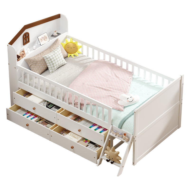 Cadre de lit simple avec rangement à 4 tiroirs, cadre de lit en bois pour enfants, lit plateforme simple avec tête de lit et échelle de garde-corps, aucun sommier requis, assemblage facile, blanc
