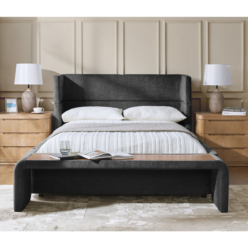 Lyth  5-in-1 Sleek Modern Wingback Transformable Upholstered Modular Bed with Overbed Table, Black, Queen