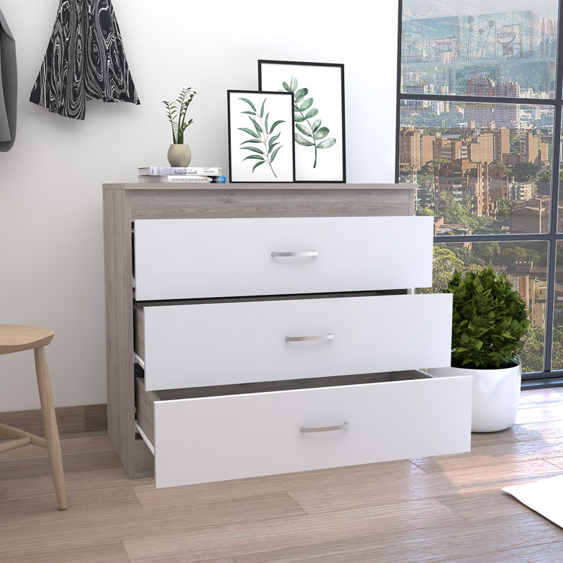 Commode à trois tiroirs Zurich, quincaillerie en métal, plateau supérieur, gris clair / blanc, Blanc