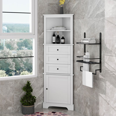 Armoire de rangement pour salle de bain, armoires de rangement triangulaires avec 3 tiroirs et tablette réglable, armoire d'angle haute, panneau de fibres à densité moyenne
