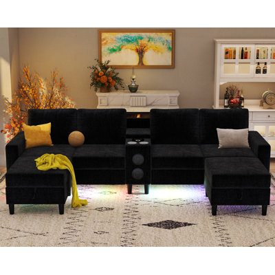 6 Seat U Shaped Chenille Sectional Sofa With Smart Module-Bluetooth Speaker/Rgb Light/Charging Station