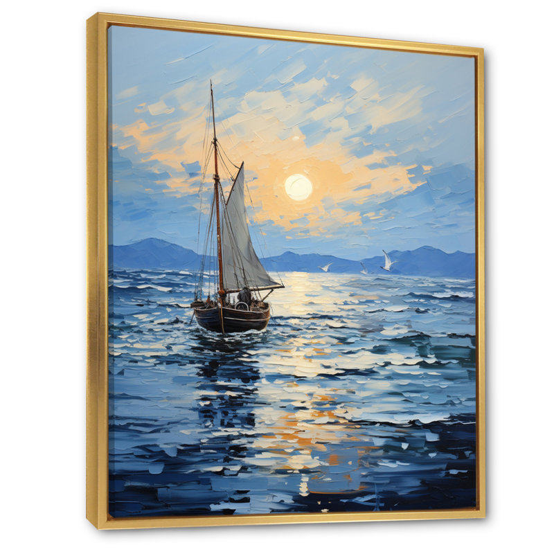 Bateau, voile, reflets, impression sur toile, H 44 po x l 34 po, Cadre flottant doré