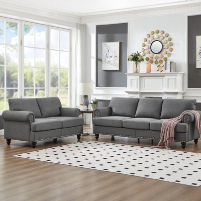 Modern Classic Design 5 - Seat Fabric Couch For Living Room, Upholstery In Grey, Round With Silver Nails, Solid Wood Frame, Removable Cushions, Storage Under Seats Upholstery, Nails On , Structure,