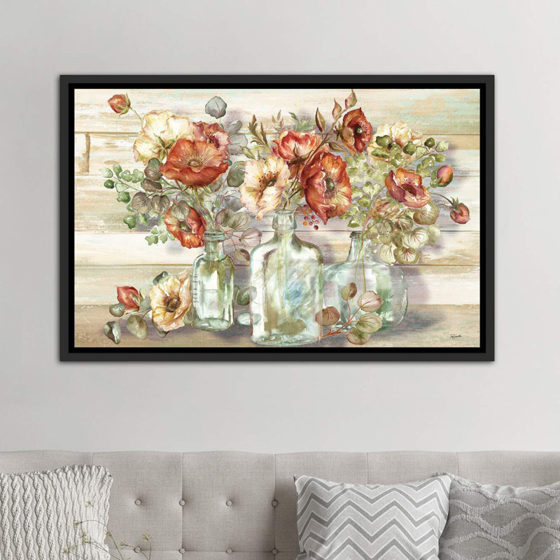 «Spice Poppies and Eucalyptus in Bottles Landscape» par Tre Sorelle Studios - reproduction d'art, Toile avec cadre noir