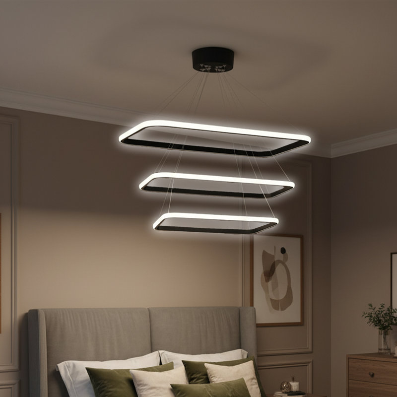 Lustre rectangulaire moderne à trois niveaux à DEL - hauteur réglable, 6500 Kelvins, Noir