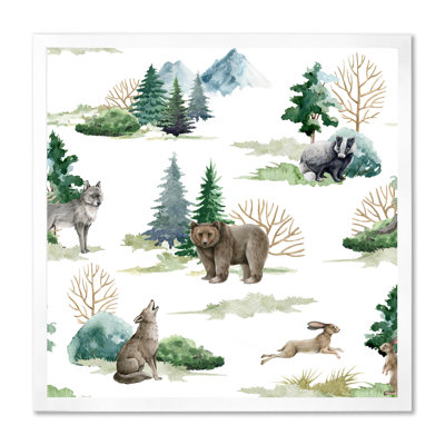 Forêt, loup, lapin, blaireau et sapins - peinture sur toile
