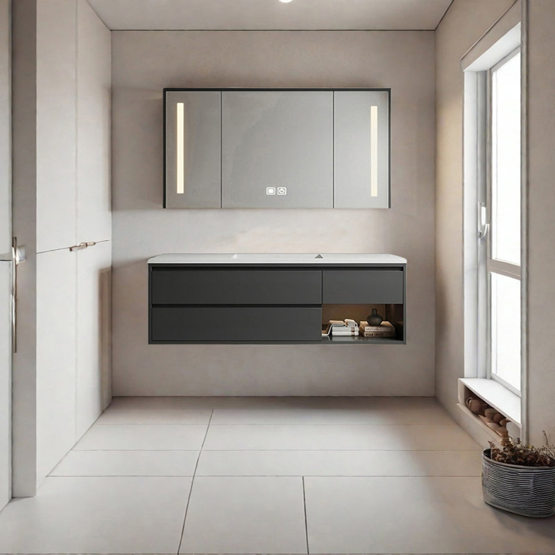 Armoire de salle de bain luxueuse, Gris foncé, 63"