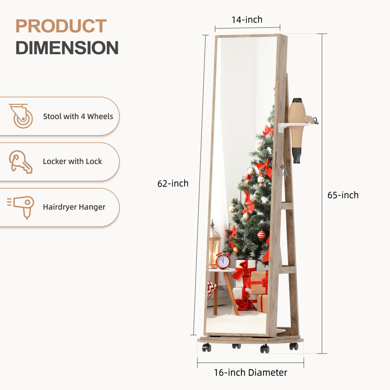 Armoire à bijoux pivotante à 360 ° avec miroir éclairé intégré, serrure, rangement multifonctionnel pour bijoux et supports externes