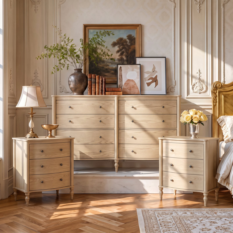 Ensemble de chambre à coucher 3 pièces (1 commode + 2 tables de chevet) (ensemble de 3), Beige Wood
