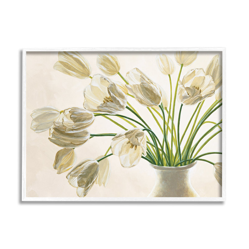 «Tranquil White Tulip Bouquet in Country Vase» par Eva Barberini - impression d'art graphique, H 14 po x l 11 po x P 1,5 po