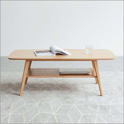 Solid Oak Coffee Table with Dual-Layer Storage, 39.4 Inches