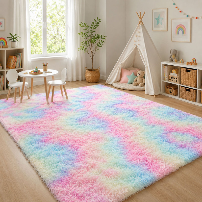 Tapis arc-en-ciel à poils longs et moelleux de 120 x 180 cm pour chambre et salle de jeux pour filles