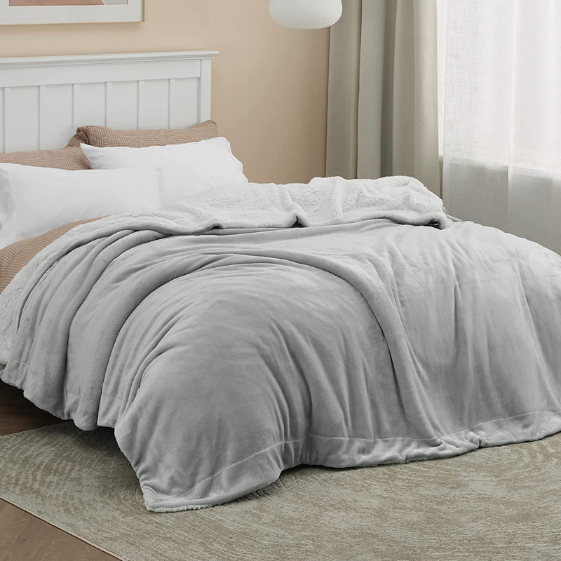 Sherpa Reversible Throw Blanket, Light Grey, 220" W x 240" L