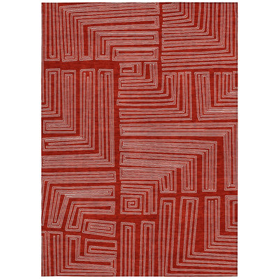 8' X 10' Red And Ivory Geometric Washable Indoor Outdoor Area Rug