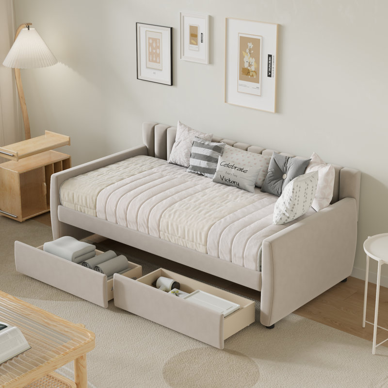 Aghwith Twin Size Upholstered Velvet Daybed with 2 Drawers - Space Maximization, No Box Spring Needed, Beige