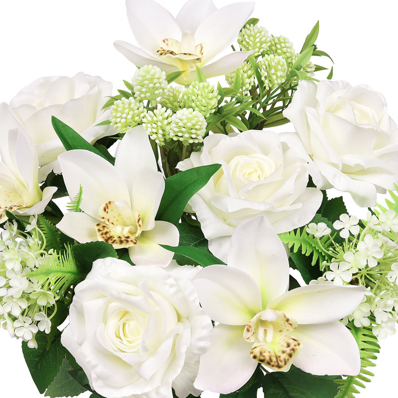 Artificial Mixed Rose Orchid Snowball Arrangement, Cream White