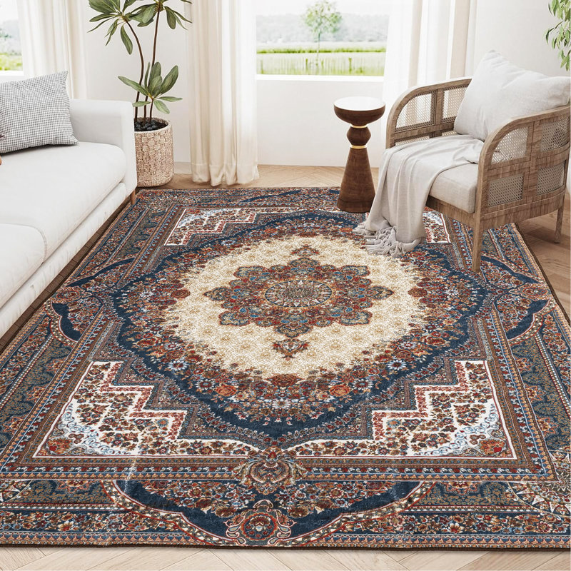 Area Rug Vintage Bohemia Large Persian Non-Slip Washable Rug For Living Room Kitchen Bedroom Living Room Flower Design Reddish Brown
