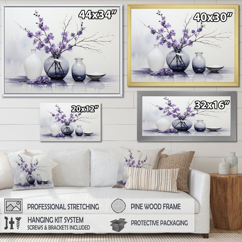 Mauve gris minimalisme équilibre et poterie de contraste - Impressions encadrées minimalistes, H 34 po x l 44 po x P 1,5 po