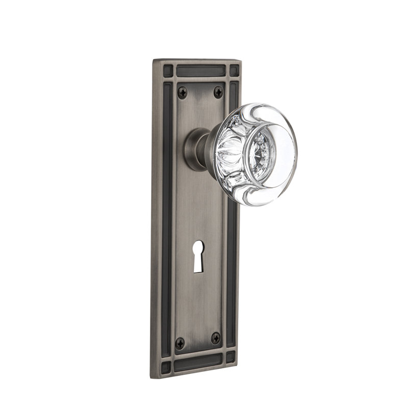 Plaque de mission avec trou de serrure décoratif et poignée de porte ronde en cristal transparent, Étain antique