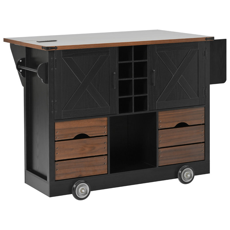 54" Farmhouse Kitchen Island With Drop Leaf, Power Outlet, Kitchen Storage Cart With 2 Doors, 2 Drawers, Rolling Kitchen Island On 4 Large Wheels With Spice Rack For Kitchen, Dining Room, Black
