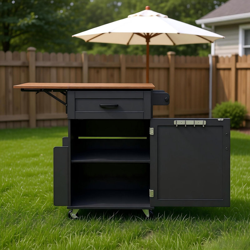 39.3" Farmhouse Kitchen Island With Drop Leaf, Kitchen Storage Island With Open Side Rack, One Drawer, Towel Rack, Rolling Kitchen Cart With Lockable Wheels For Lawn Garden, Black