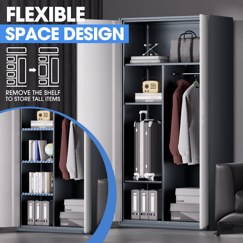 72" Lockable Heavy Duty Metal Storage Cabinet W/ Hanging Rod&Shelves, Gray/White