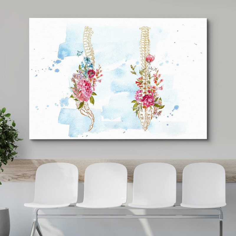 Aquarelle pastel rose fleur colonne vertébrale santé moderne art floral botanique décoration murale, H 32 po x l 48 po